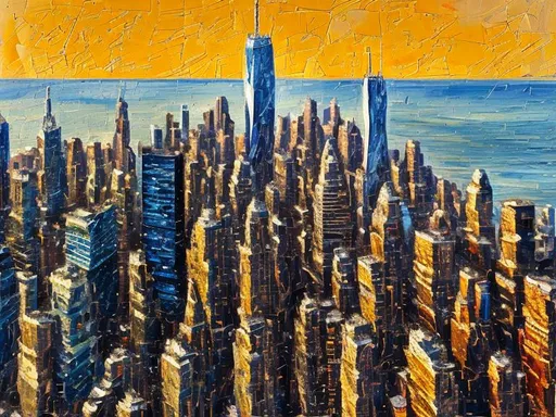 Prompt: Thick oil impasto York Skyline from 42nd Street Pier, thick oil impasto