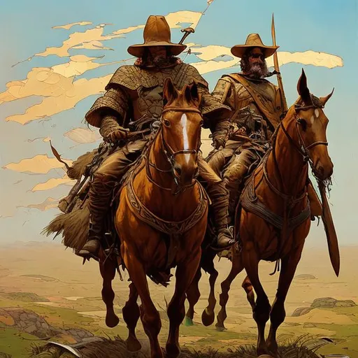 Prompt: Comic book fine art oil painting in the style of Moebius of don Quixote and Sancho Panza