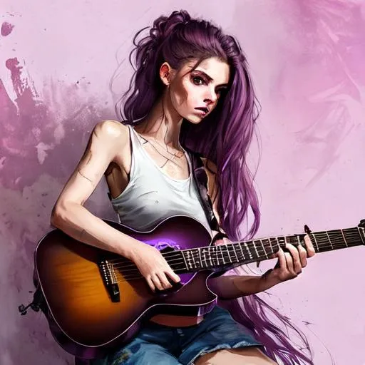 Prompt: Hyper Realistic,  full body photo, UHD, hd , 8k, E-girl, hyper realism, Very detailed,handsome young girl, nose pierced,  long brown with pink strains hair, blush,  dark violet 
eyes, strong eyeliner (drama look), bites her lip, bloom effect, playing guitar.