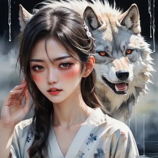 Prompt: <mymodel> beautiful face. crawing backwards on the ground hand. sweats drips  face.   clear detail face. sunlit background. transparent attire. crying.  eyes teary. water colour.  japanese traditional art.  surrounded by wolf

