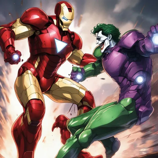 Prompt:  Joker fighting Iron Man Anime artstyle