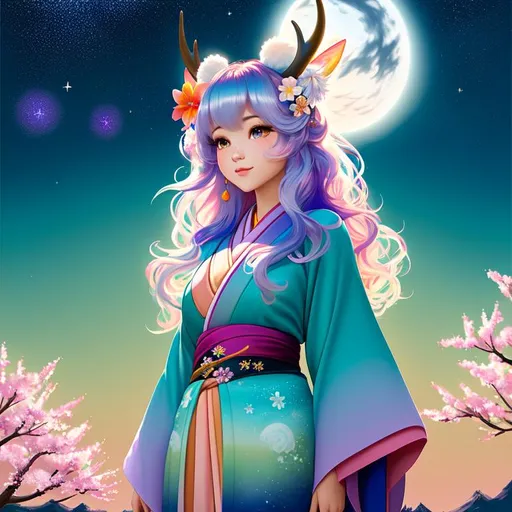 Prompt: painting of a beautiful girl, style of Yoshitaka Amano, Pixar, Bob Ross, (messy hair), arms showing, legs showing, dusk, midnight, ((night sky)), sakura, peach, teal, bioluminescent, veils, (wearing intricate kimono), (white stag horns),  (fluffy white ears), stars, ((yggdrasil in the background)), river, stream, lanterns, world tree, night sky, delicate, soft, silk, threads, ethereal, nebula, galaxy, luminous, ribbons, 3D lighting, soft light