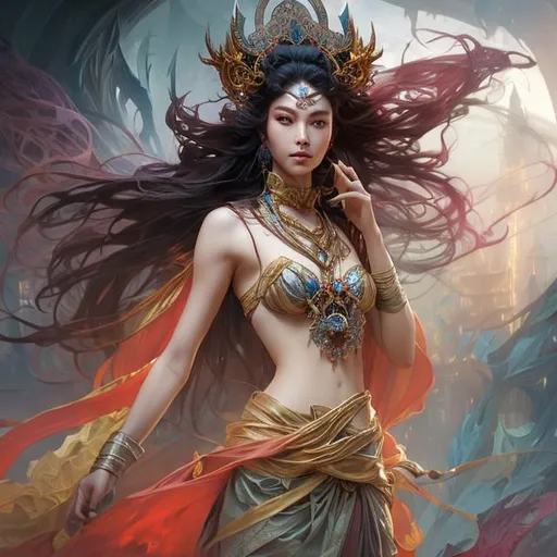 Prompt: beautiful mage, beautiful dress and high heels, Huang Guangjian, Ruan Jia, Alphonse Mucha, matte digital painting, dramatic, high contrast, vibrant triadic colours, attractive figure, handsome face, realistic eyes, perfect composition, medium shot, intricately designed dress. flowing, dramatic, volumetric lighting, Unreal Engine