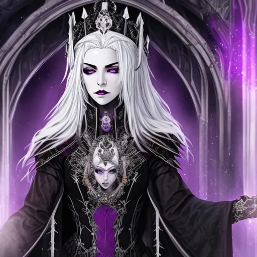 Prompt: Female queen with white hair in gothic dress hyper detailed crown with purple eyes
