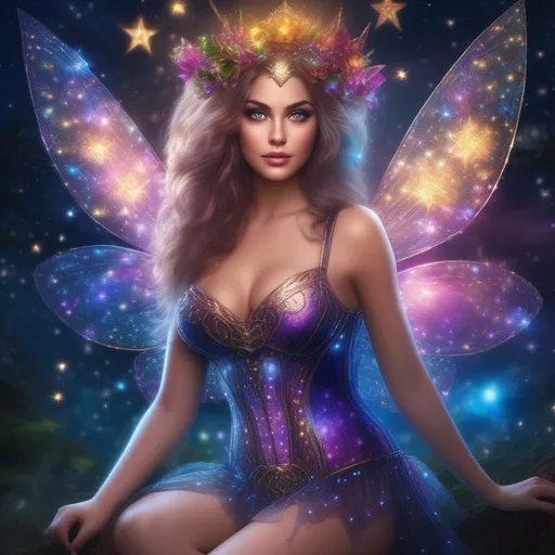 Prompt: A whole  full body image of a stunningly beautiful, hyper realistic, buxom woman with bright eyes wearing a sparkly, glowing, skimpy, sheer, fairy, witches outfit on a breathtaking night with stars and colors with glowing detailed sprites flying about, fairy dust, standard, magical
