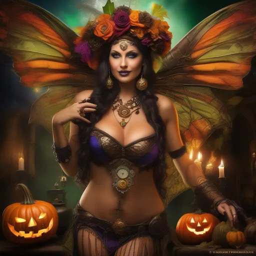 Prompt: Epic. {hyperrealistic style photograph}. {Wide angle}. Exquisite, Halloween night.  Shes a {{{vividly colorful}}}, steam punk, belly dancer (Witch). A {{{spectacular}}}, winged, Cannabis fairy. A very beautiful, buxom, shapely woman with, {[{Anatomically real hands}}}, and {{vivid}}, ((colorful)), {{extremely, bright eyes}}, {{{hyper real detailed illustration}}}.  {{Cinematic}}. (Sharply focused), {{{Zoomed out}}}. {{{Enscape render}}}. She is wearing a skimpy, {{{colorful}}}, {{gossamer}}, {{flowing outfit}}. {Sony a7 IV}, ((trending on Artstation)). {Concept art}. 