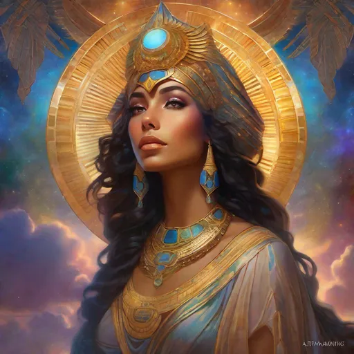 Prompt: “Egyptian Woman in Galactic Dress at Twilight 1” Alphonse Mucha,  8k resolution holographic astral cosmic illustration mixed media by Pablo Amaringo  ethereal fantasy hyperdetailed mist Thomas Kinkade surrealism  melting oil on canvas heavenly sunshine beams divine bright soft focus holy in the clouds