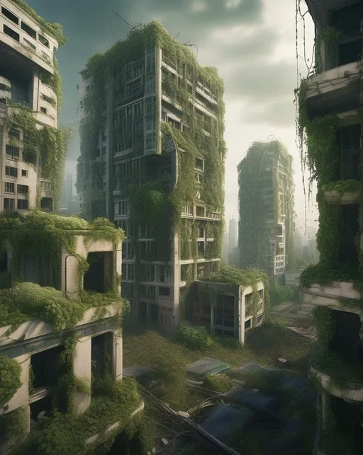 Prompt: An apocalyptic scene of an abandoned futuristic city engulfed in overgrowth with vines creeping up decaying skyscrapers. 