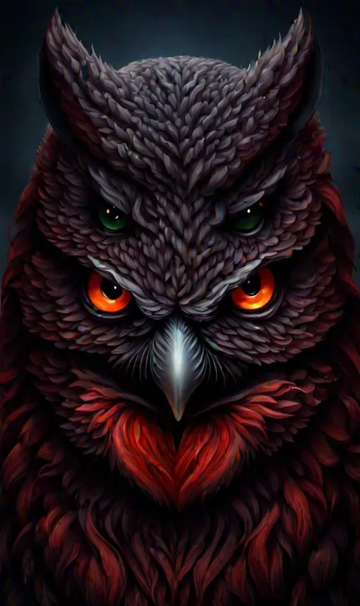 Prompt: red owl with villain looks. fully red and eys brown. this art will be realistic. 3d
