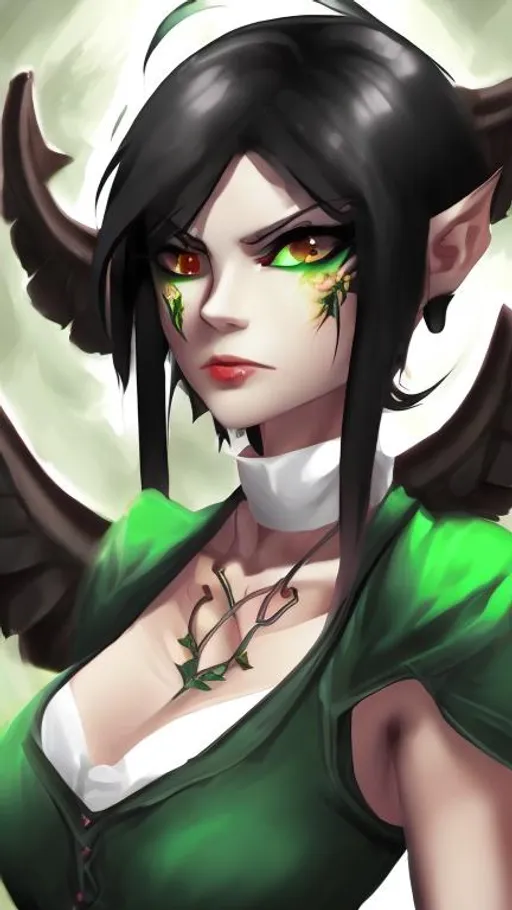 Prompt: A female demon with black hair and green eyes