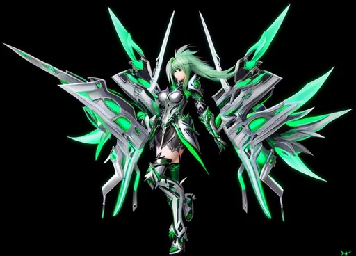 Prompt: , female, long silver and green glowing hair, wearing black gloves, green and silver scifi armor, V1 ULTRAKILL wings, Xenoblade 2 , conceptart
