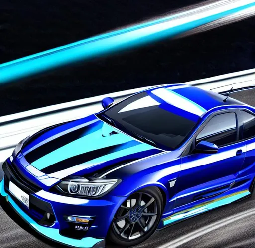 Prompt: Blue JDM cars widebody with black stripes livery and neon light is drifting in 120km/h on steep mountain roads, with effects like being speeding and a mess,  midnight 