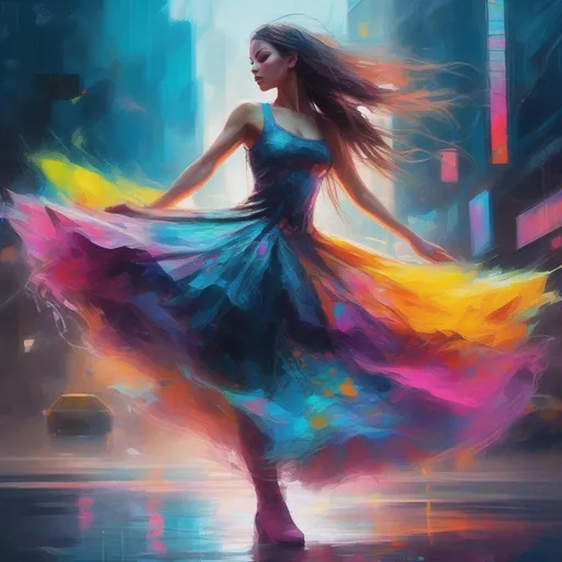 Prompt: A colourful and beautiful cyberpunk ballerina with long and thick hair wearing a flowing dress with a big skirt made of clouds dancing in the rain in a bright and neon cyberpunk world in a painted impressionistic style