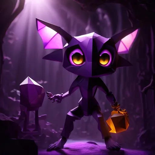Prompt: Small purple humanoid figure, long pointy ears, large hexagon shaped gems for eyes, a large mouth with small pointy teeth, three fingers on each hand and three toes on each foot, short limbs, crouched stance, purples and blues, dim lighting, cave, spooky, goblin like, dark, smooth skin, crystals, genderless, smokey