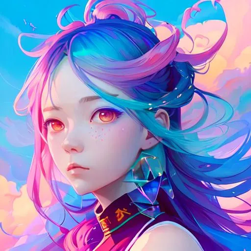Prompt: Loish, james jean, artgerm, beautiful girl, hair made of  floating ribbons and  smoke, beautiful sky background, colorful and vibrant, mystical  colors, contemporary impressionism, yanjun cheng portrait painting, iridescent painting, 3/4 perspective view, cute face, low angle, sweeping circling composition, large beautiful crystal eyes, big irises