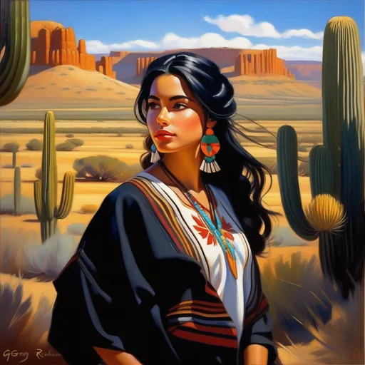 Prompt: Hispano girl, light skin, black hair, dark brown eyes, in New Mexico, cartoony, sunny atmosphere, extremely detailed painting by Greg Rutkowski and by Henry Justice Ford and by Steve Henderson