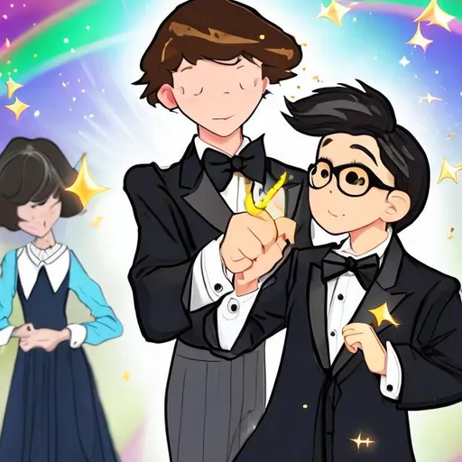 Prompt: 13 year old boy in a black tuxedo cast a gold sparkly crazy magic spell with his magic wand on his teacher who is that gose flying through the air towards  his teacher who is in a white dress shirt with a very puffy collar
