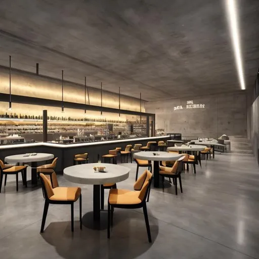Prompt: Please Create a high-end food hall that uses concrete and creative lighting to enhance the user experience, the hall is y shaped and holds many different counters for different restaurants with some high bar side tables as well as wall displays for chocolates and other goods