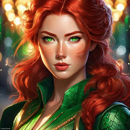 Prompt: Craft a professional-grade, detailed, close-up portrait in the style of Katsuko, featuring a fierce young red-haired woman with green eyes and freckles. She should be depicted in an attack stance, her face framed in the center, and her epic backdrop detailed with precision. The lighting should be realistic, rendering a compelling, photographic quality.

The woman, the heart of the portrait, has fiery red hair, sparkling green eyes, and a dusting of freckles across her face and visible skin. Clad in a battle-worn leather armor, her posture is one of action and readiness, her muscles tense, her brows knitted in a display of determination.

Her armor, a mixture of leather plates and straps, should reflect the harsh realities of battle. It should be crafted with a keen eye for details, revealing the intricacies of its design, the wear and tear from past skirmishes, and the way it fits her strong form.

The background unfolds into an epic landscape of a battlefield, armies clashing, smoke billowing, and the sky overhead painted with hues of a setting sun. The panoramic scene should be meticulously detailed, presenting a vivid depiction of an ongoing war, from the individual soldiers to the large siege engines.

The lighting should capture the scene's intensity and grandeur. Sunlight filters through the smoke and dust, casting long shadows and highlighting our warrior in a dramatic, contrasted light.

The image should narrate a gripping tale of a brave warrior woman, her resolve, and the epic battle unfolding behind her, while paying homage to Katsuko's distinctive art style.