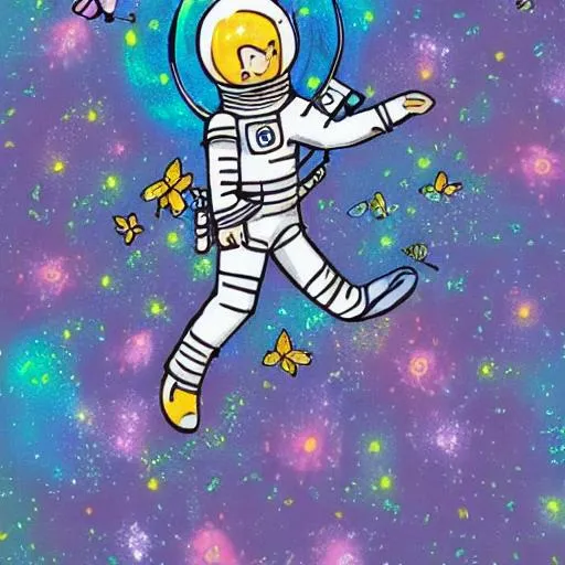 Prompt: 
Realistic astronaut, walking on a planet flowers with butterflies all around him all flowers, pastel fantasy aesthetic 
