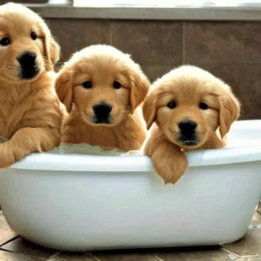 cute golden retriever puppies in a bath OpenArt
