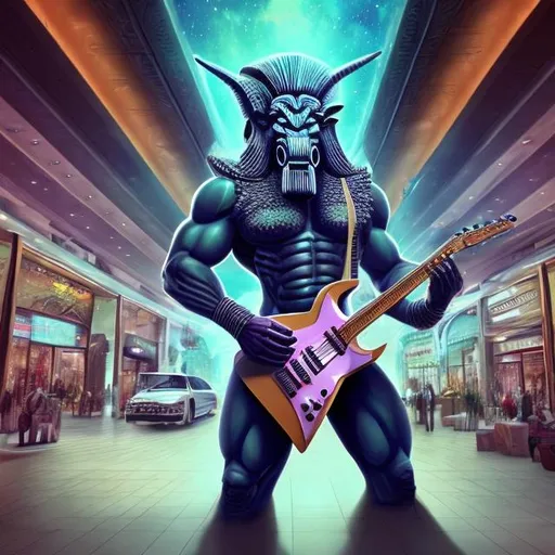 Prompt: Bodybuilding Assyrian Lamassu playing guitar for tips in a busy alien mall, widescreen, infinity vanishing point, galaxy background