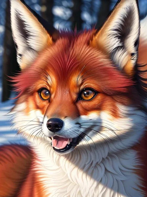 Prompt: (8k, masterpiece, oil painting, professional, UHD character, UHD background) Portrait of Vixey, Fox and Hound, close up, mid close up, brilliant glistening red fur, brilliant amber eyes, big sharp 8k eyes, sweetly peacefully smiling, (extremely beautiful), (open mouth, uv face, uwu face), detailed smiling face, alert, curious, surprised, cute fangs, extremely detailed eyes and face, enchanted snowy garden, vibrant flowers, vivid colors, lively colors, vibrant, high saturation colors, flower wreath, detailed smiling face, highly detailed fur, highly detailed eyes, highly detailed defined face, highly detailed defined furry legs, highly detailed background, full body focus, UHD, HDR, highly detailed, golden ratio, perfect composition, symmetric, 64k, Kentaro Miura, Yuino Chiri, intricate detail, intricately detailed face, intricate facial detail, highly detailed fur, intricately detailed mouth