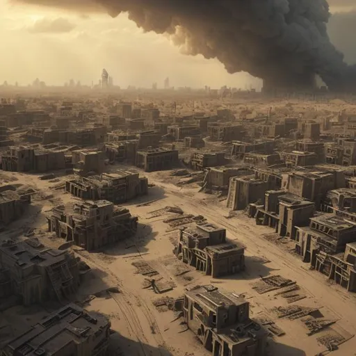 Prompt: trench warfare, urban, city, slums, trenches, desert, heat, sand storm, scifi, bladerunner