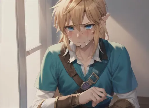 Prompt: Link from Zelda, tall, handsome, male, blood on face, sad, tears