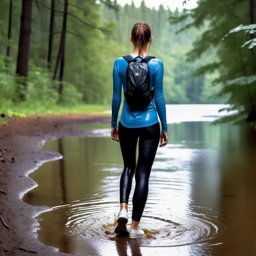 Prompt: woman walking through the forest on the heavy rain, fully clothed in white sneakers, tight long black leggings, ((tight long sleeved blue t-shirt)), without jacket,with small black backpack on the back, clothes become soaked and wet from rain, soaked and wet hair,
detailed soaked and wet  fabric texture, 
soaked and wet clothes, dripping water and hanging on body, 
showing body outline, under wear.
she is coming to the lake shore.
she is looking at the lake water.
