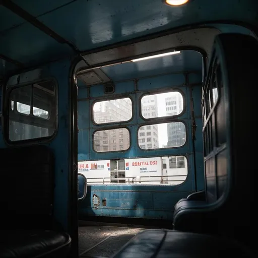 Prompt: blue american bus in front of run down city