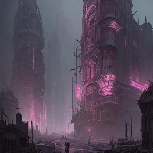 Prompt: extreme long shot concept art depicted old ruined subterrean drow city, dramatic mood, overcast mood, dark fantasy environment, arcane pink glow , dieselpunk, bodyhorror building, mutation flesh, corruption,  art inspired by leagues of legends and arcane, art by Cédric Peyravernay and HR Giger