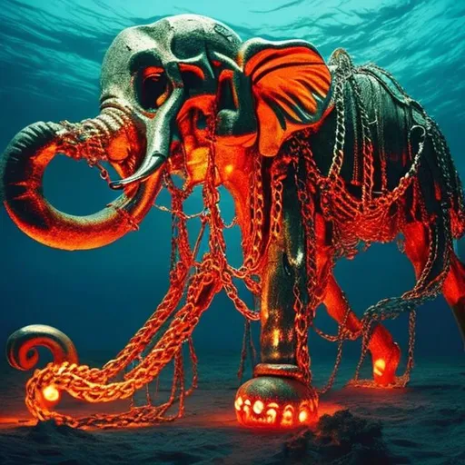 Prompt: giant golden elephant skeleton made out of chains in ocean glowing red

