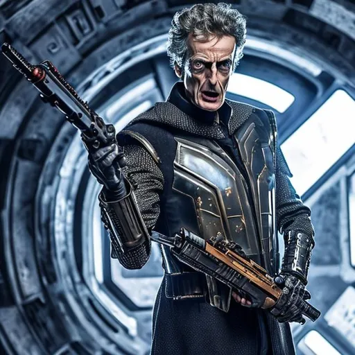 Prompt:  Peter Capaldi shouting angrily wearing an armored futuristic scifi military uniform and holding an advanced exotic shotgun in full color