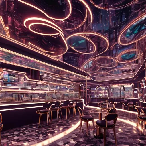 Prompt: futuristic large vienna cafe within moon base, decadent, neon, mirrors, realistic details, photorealistic, 8k render, cinematic lighting, ultra detailed
