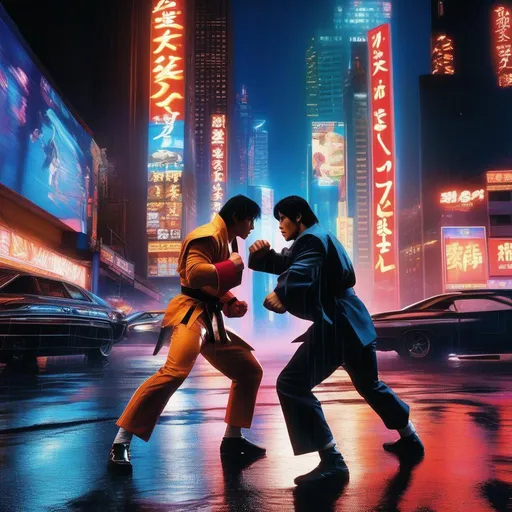 Prompt: ((Dynamic Action Scene)) Two street fighters, David Martinez and Shotaro Kaneda, engage in an intense hand-to-hand combat in the heart of a vibrant metropolis. As sparks fly from their powerful strikes, neon lights illuminate the surrounding skyscrapers, creating a dazzlingly futuristic cityscape. A heavy rain pours down, contrasting with the flickering lights and adding an element of drama to the scene. The fighters exhibit agile movements, their bodies captured mid-air as they execute impressive acrobatic stunts. The clash of their fists and feet reverberates through the bustling streets, with startled pedestrians looking on in awe.