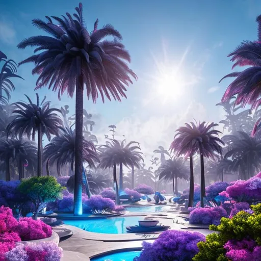 Prompt: view of monumental alien city in the middle of jungles of strange light (blue trees) and blue ,pink,white and blue flowers ,blue cian grass, surreal and unique prehistoric white araucaria,volumetric light, organic forms ,clear image,lights,photorealistic,hyper realistic,ultra detailed, concept art, octane render,cloudy sky, sun rays,sunlight,planet in sky,(perfect sphere planet), wide angle lens, mint color,8k