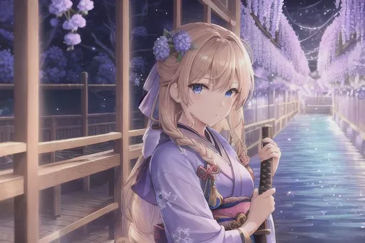 Prompt: young female samurai, long brown-blond braided hair, ocean blue eyes, wearing a blue kimono, wielding a katana, blue hydrangea hair ornament, wisteria in the background
