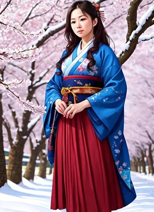 Prompt: Zoomed out, Poster art, high-quality high-detail highly-detailed breathtaking hero, ((Lucy lou)), UHD, hyper realistic , 8k, high quality, oil painting, hyper realism, Very detailed, zoomed out view of character standing amongst cherry blossom trees in winter, snow on the ground, full body of character is seen,  female samurai, detailed beautiful thin face, long black hair super hero character wearing white and gold samurai armour, baby blue in the helmet, full cape that hangs down to her ankles , she  is wearing a black bandana, she is  wearing a red long buccaneer jacket that hangs to her ankles with a black midriff shirt she wears armour trousers, she is wearing white and baby blue samurai armour. Cherry blossom trees in full bloom on a snowy back ground, ice, , full form, epic, 8k HD, ice, fire, luminescence , sharp focus, ultra realistic clarity. Hyper realistic, Detailed face, portrait, realistic, close to perfection, more black in the armour, full body, high quality cell shaded illustration, ((full body)), dynamic pose, perfect anatomy, centered, freedom, soul, blonde long hair, approach to perfection, cell shading, 8k , cinematic dramatic atmosphere, watercolor painting, global illumination, detailed and intricate environment, artstation, concept art, fluid and sharp focus, volumetric lighting, cinematic lighting, 
