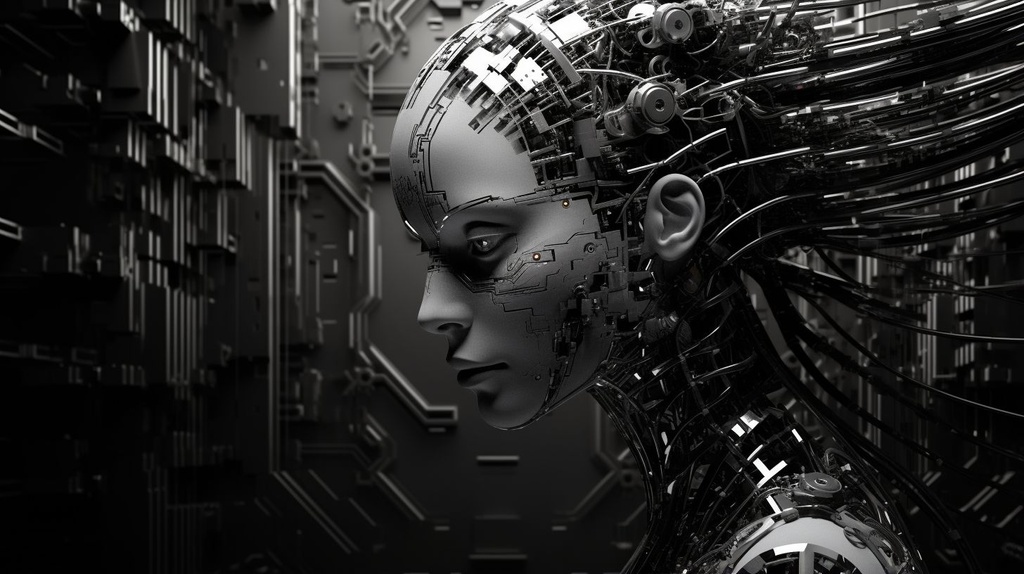 Prompt: abstract figure in a black and white image, in the style of technological marvels, emphasis on facial expression, daz3d, circuitry, computer-aided manufacturing, realistic depictions of human form, symbolic overload
