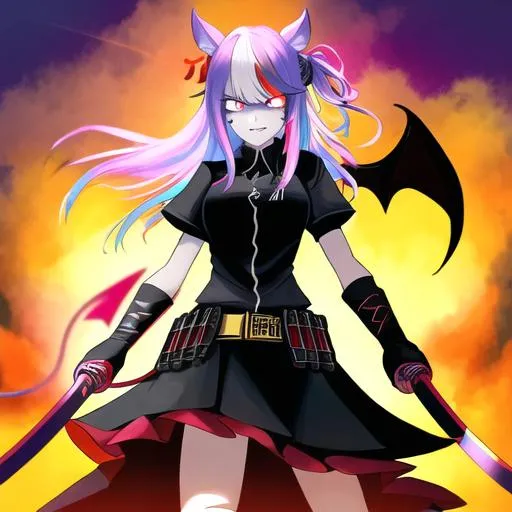 Prompt: Haley  as a demon (multi-color hair) (multi-color eyes)(she has horse ears) holding a katana, fighting, in a gunfight, bullets flying, fighting in a rural area, angry, (demon tail), (demon wings), lunging at the center, flying in the air