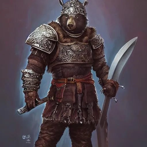 Prompt: Full Portrait of a bear warrior in Nordic armor, fantasy, medieval, highly detailed, katana, Artstation