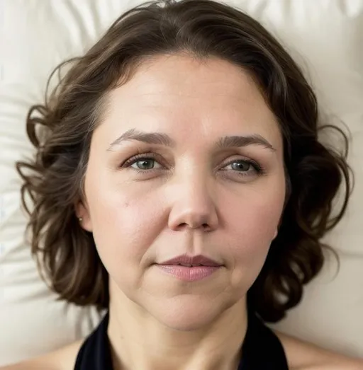 Prompt: Old Middle aged  maggie gyllenhaal, raw photo, exaggerated forehead lines and wrinkles,  pale white skin, beautiful, realistic, resting head on a pillow, direct eye contact, looking at me flirty, looking in to my eyes, full makeup