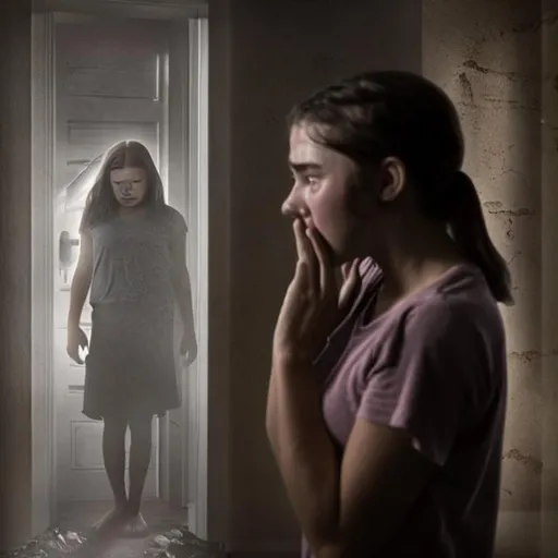 Prompt: teenage girl crying as she argues with her mother in the kitchen. behind her mother is a doorway that leads to a dark room where the ghost of a teenage girl identical to the daughter watches from the shadows.