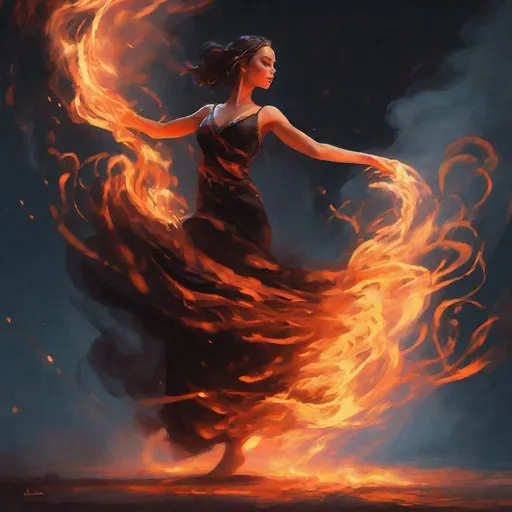 Prompt: Far-shot, ground view, low angle, DOF, glorious, full body, young beautiful fire dancer wearing a dark flowing dance gown emitting smoke and sparks and fire from underneath, in intricate clothing, engulfed in a whirling fire tornado firestorm, perfect and beautiful face, fantasy, cinematic, fine details by realistic shaded lighting poster by ilya kuvshinov katsuhiro otomo, magali villeneuve, artgerm, jeremy lipkin and michael garmash and rob rey