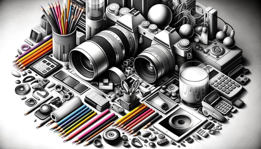 Prompt: hyperrealistic pencil drawing in black and white showcasing modern objects, with a splash of vibrant colors in selected areas