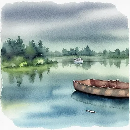 Prompt: Water color ...pond and boat....rain stopped ...white skies....bluish shade