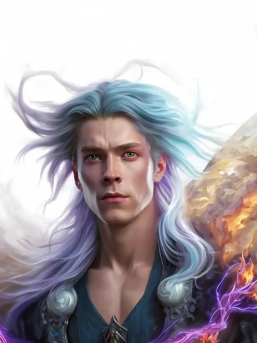 Prompt: oil painting, hd quality, UHD, hd , 8k, hyper realism, full character visible, male wizard character with long blue hair, he is using purple 
fire magic, he is wearing a fantasy syle armour  and white fantasy style shirt