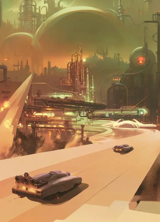 Prompt: (Masterpiece, Best quality , award winning image:1. 2), style of Peter Mohrbacher, (dark sci-fi:1. 3), retro futuristic oil refinery , super highway, speeding retro cars, focus on an emerald city of glass, D&D, Dark and atmospheric, stunning, gloomy illumination, Cinematic , epic shot , highly detailed environment, Golden Hour, (stormy, rain, lighting:1. 1) , IMAX, depth of field, <lora:add_detail:1>, 16k, UHD, HDR, (Masterpiece:1. 5), (best quality:1. 5)
