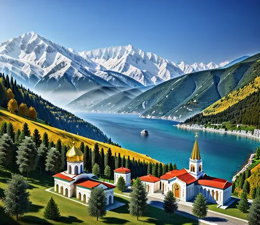 Prompt: Create Abkhazia as a country with the perfect beautiful landscape: mountains, hills, forest, Black Sea seaside, mediteranean type of trees and plants.
Use UHD graphic engine and professional 3D graphic tools to design Abkhaz traditional buildings and Abkhazian Christian Orthodox Churches. 